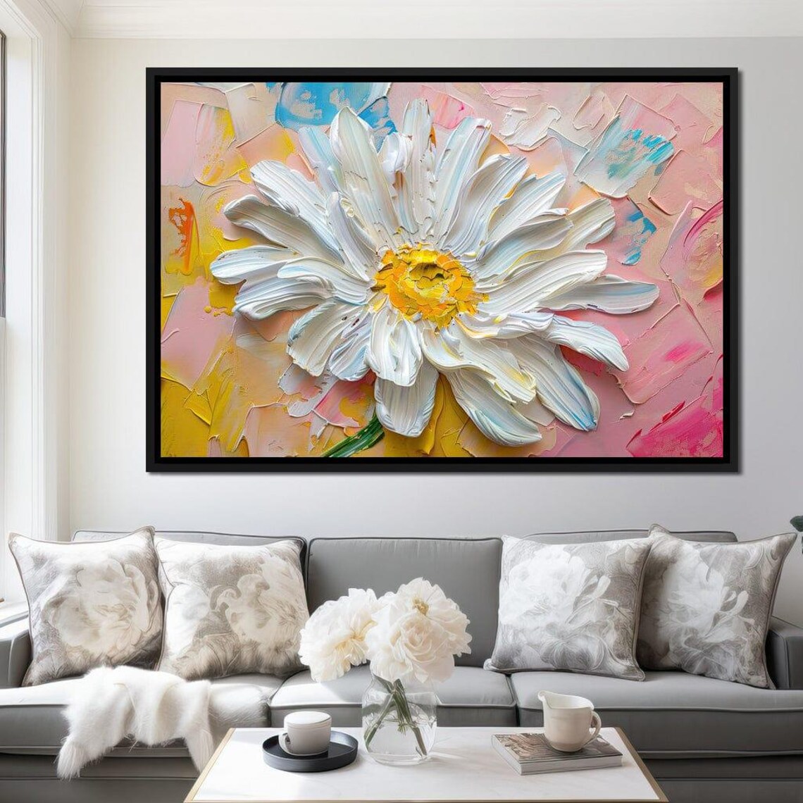 White Daisy Bloom Impasto Palette Knife Spring Floral Wall Art Poster - Image 4