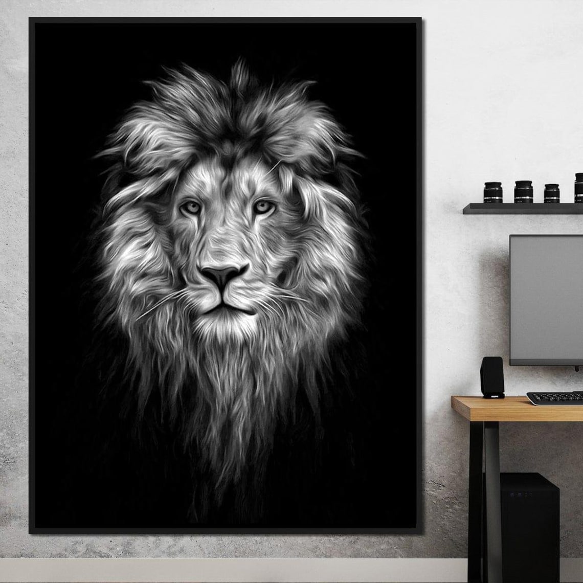 Black and White Lion Face Portrait Bold Monochrome Majestic Cat Poster