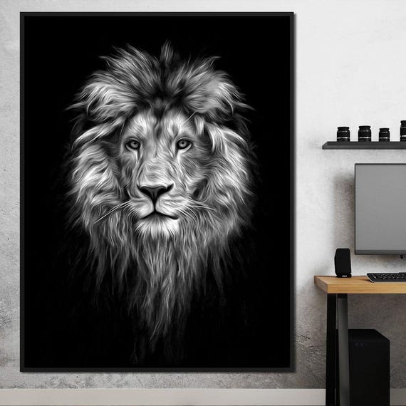 Black And White Lion Face Bw Photography Lion Wall Art Bold Animal Decor Monochrome Art Majestic Lion Portrait By Nichecanvas