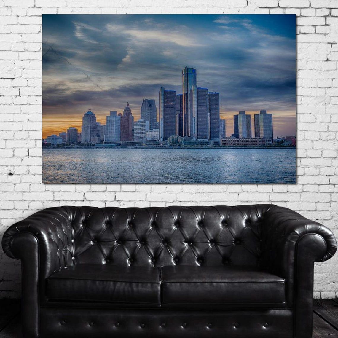 Detroit Michigan Skyline At Sunset Over Water Cityscape Art Poster - Image 3