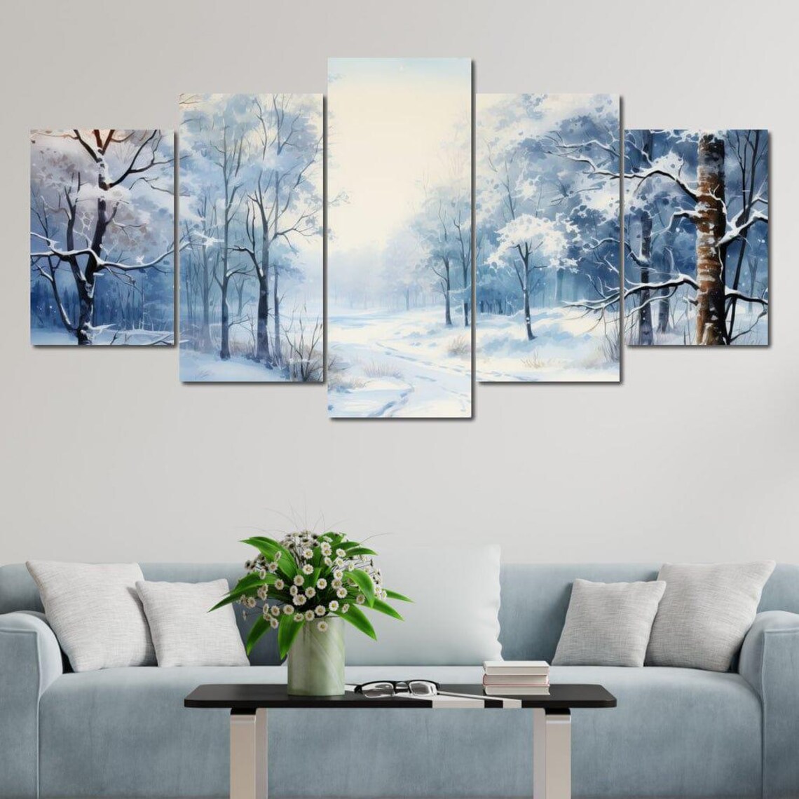 Sunlit Snowy Forest Winter Wonderland Watercolor Scenic Art Poster - Image 4