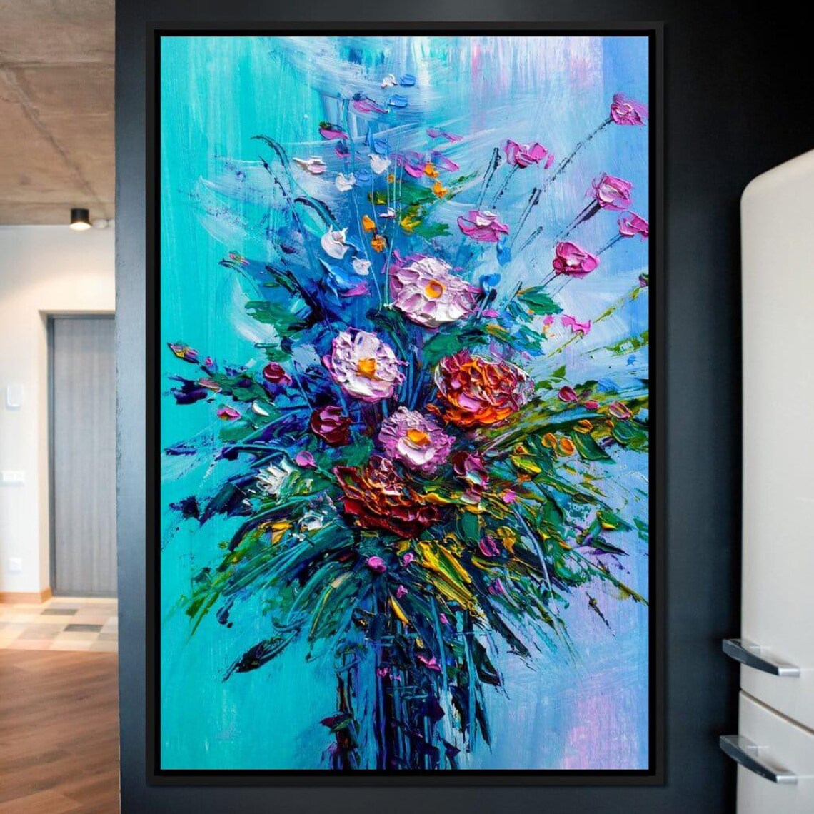 Vibrant Flower Bouquet Blue Background Bold Oil Painting Art Poster - Image 2