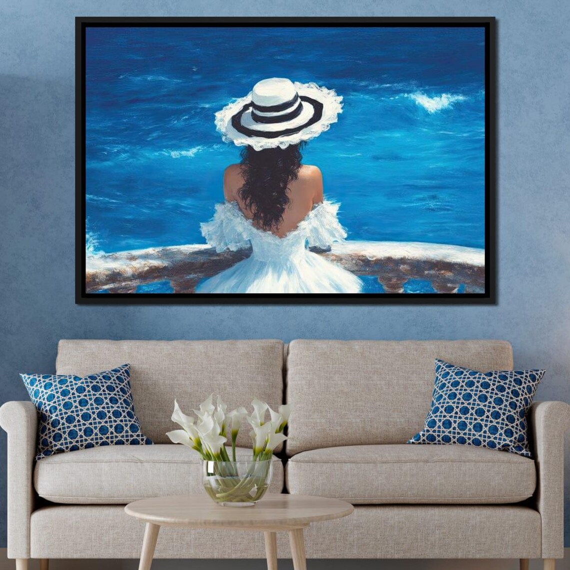 Woman In White Dress Watching Ocean Waves From A Balcony Poster - Image 3