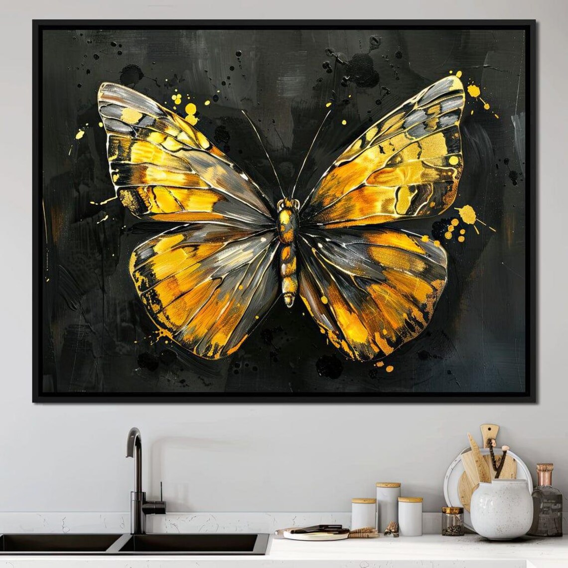 Luminous Golden Butterfly Amber Black Wings Dark Elegant Wall Art - Image 4