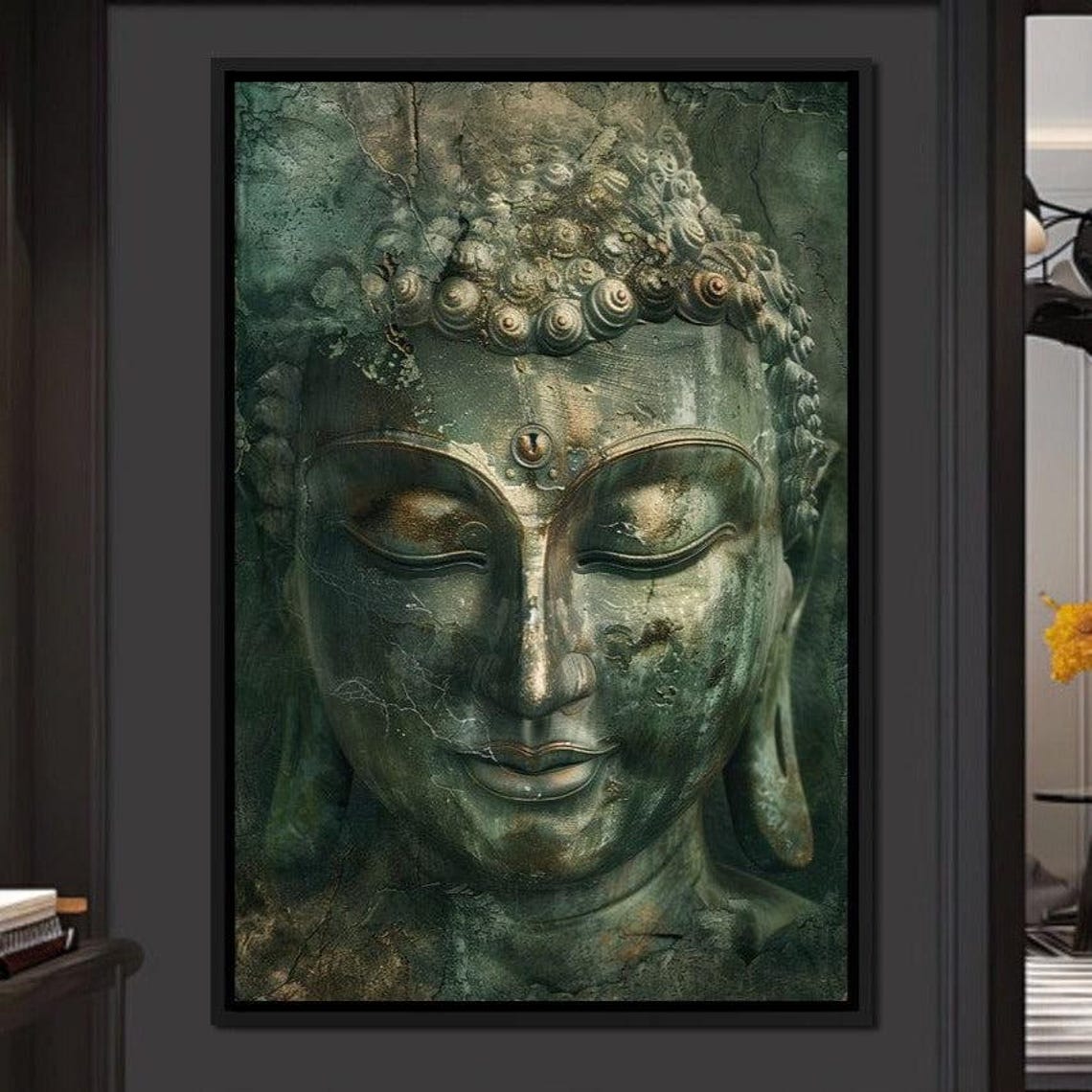Tranquil Buddha Face Aged Bronze Sculpture Zen Meditation Art Poster