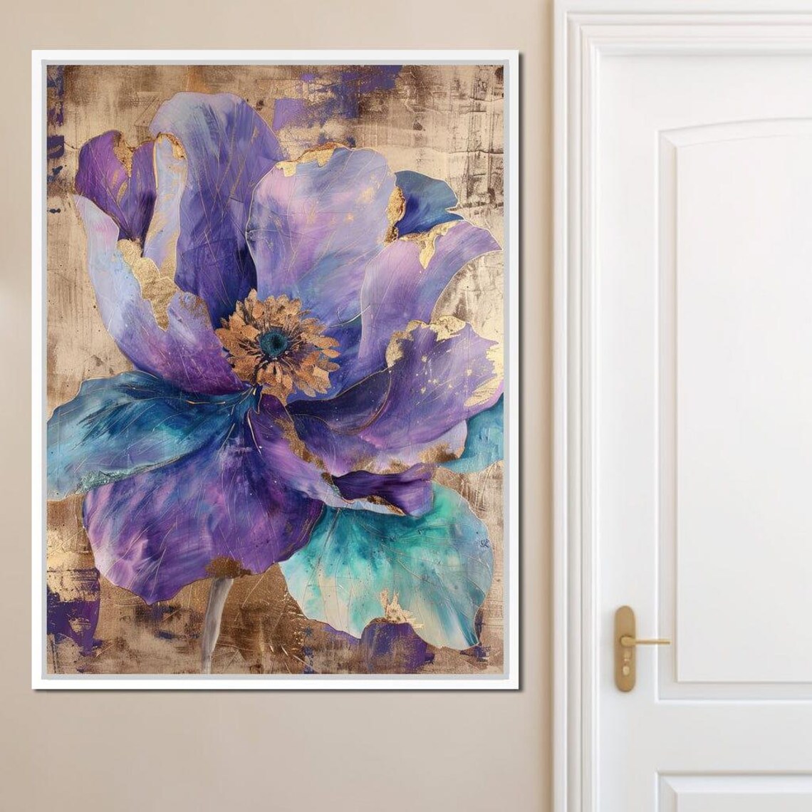 Violet Purple Blue Anemone Flower Gold Leaf Abstract Art Poster