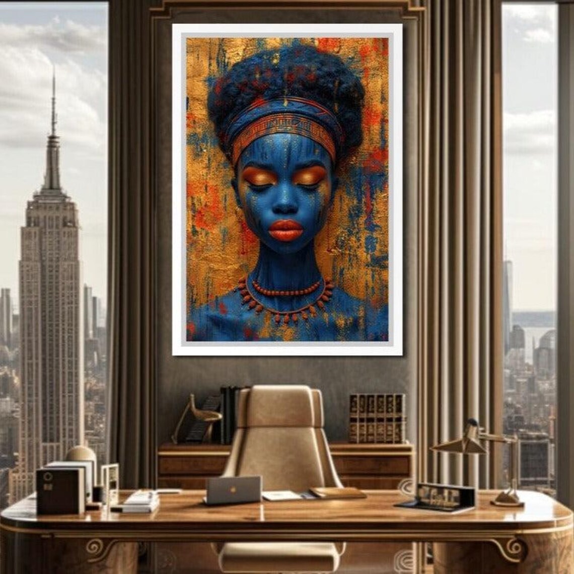 Blue African Beauty Golden Eyes Textured Tribal Portrait Wall Art - Image 2