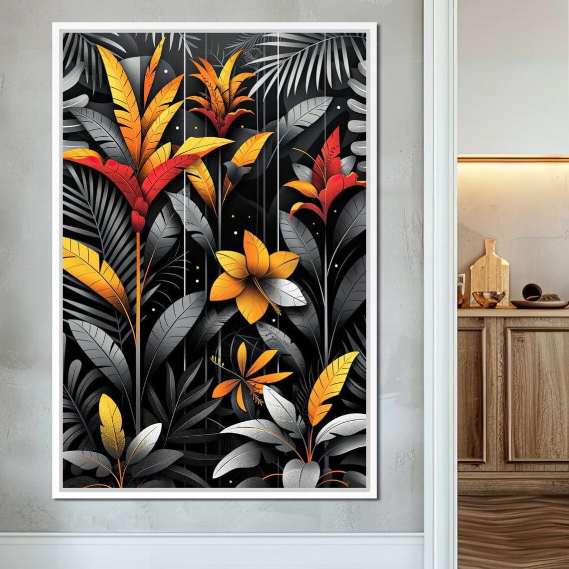 Golden Tropical Leaves Fiery Blooms Black Jungle Night Wall Art