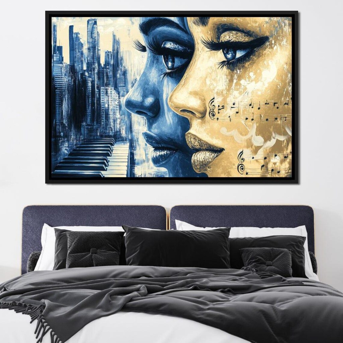 Blue And Gold Woman Profile Music Notes City Skyline Art Poster - Image 4