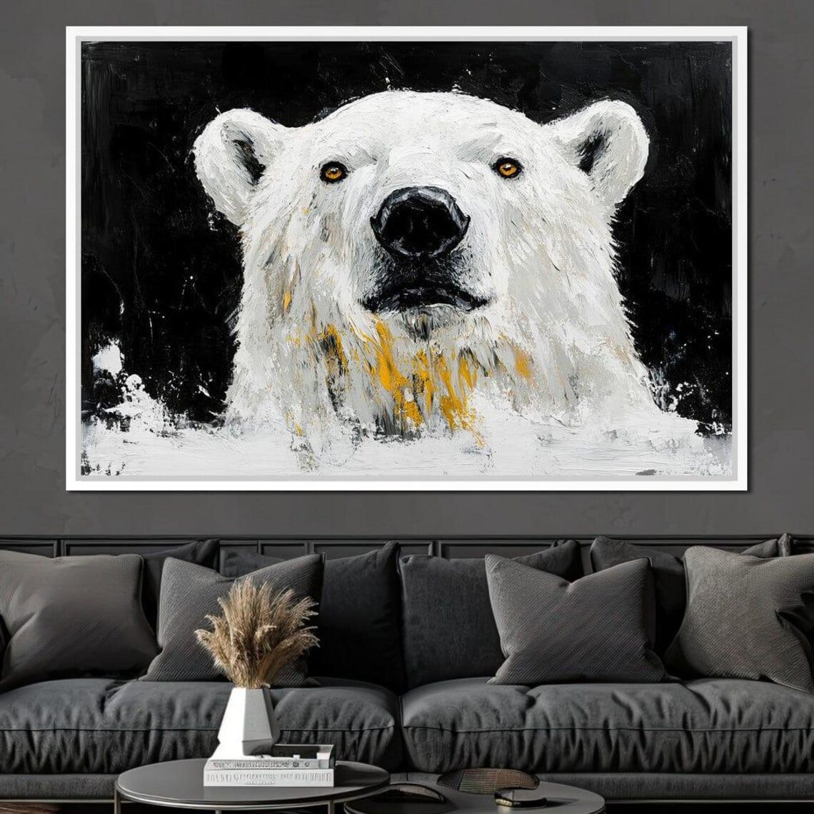 Polar Bear Face Black Background Impasto White Arctic Wildlife Art Poster - Image 3