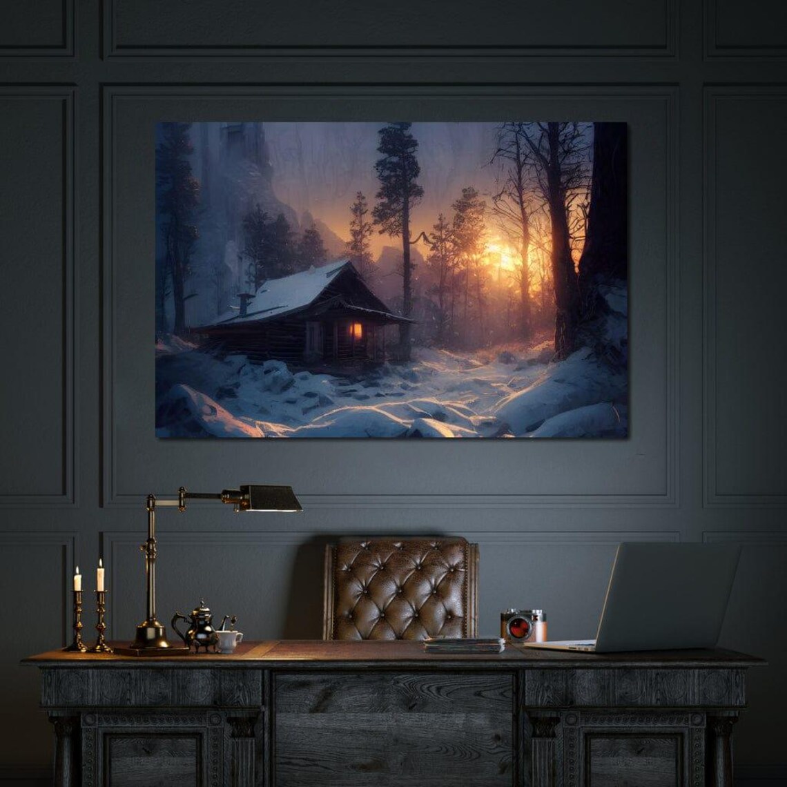 Snowy Log Cabin Winter Forest Sunset Cozy Woodland Travel Poster - Image 2