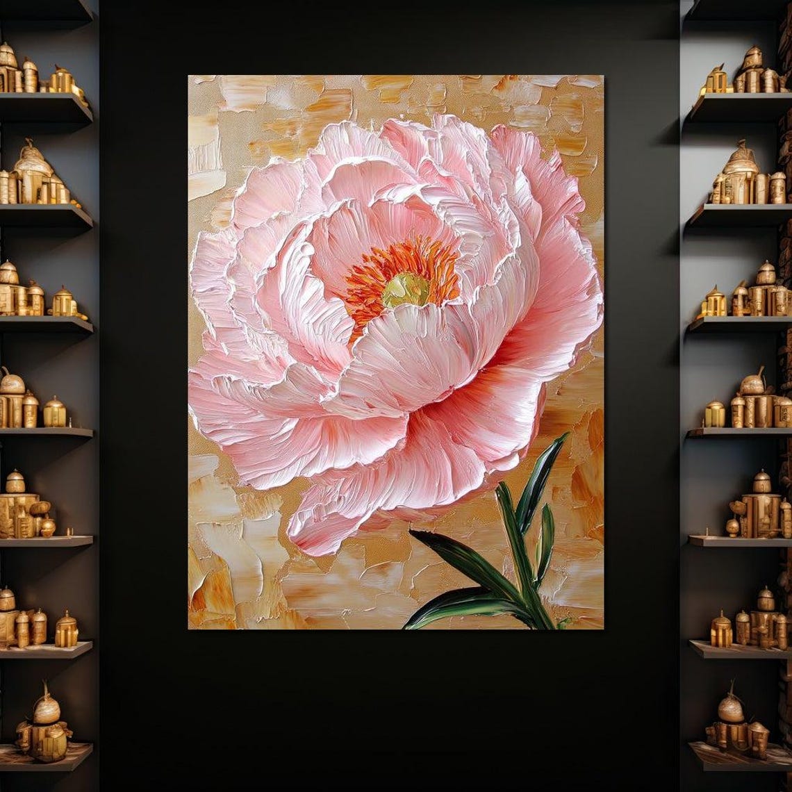Blush Pink Peony Golden Background Thick Impasto Floral Art Print - Image 3
