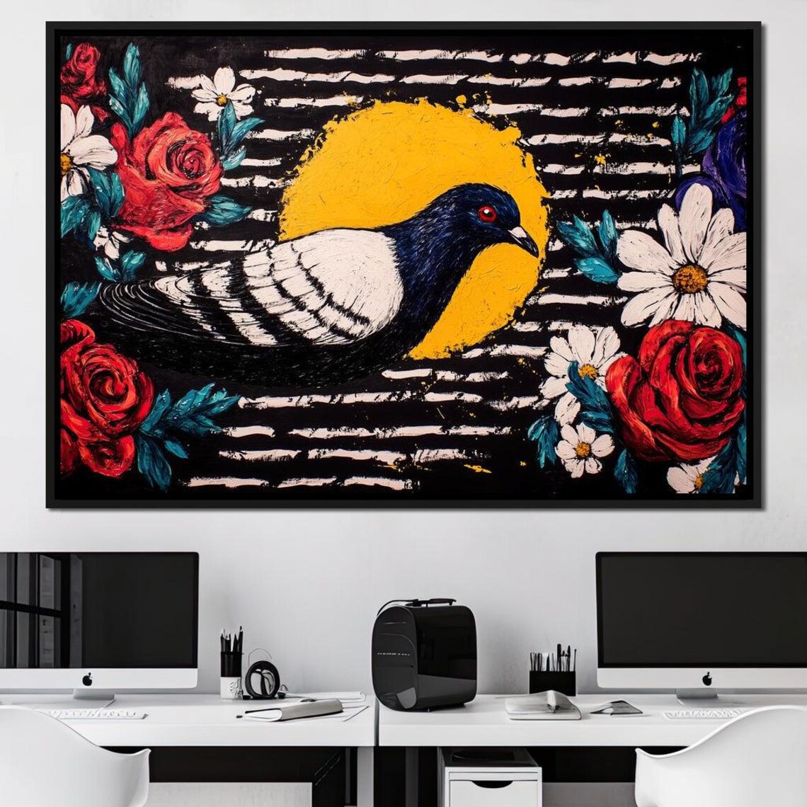 Perched Pigeon Yellow Moon Red Roses Striped Black Folk Bird Poster