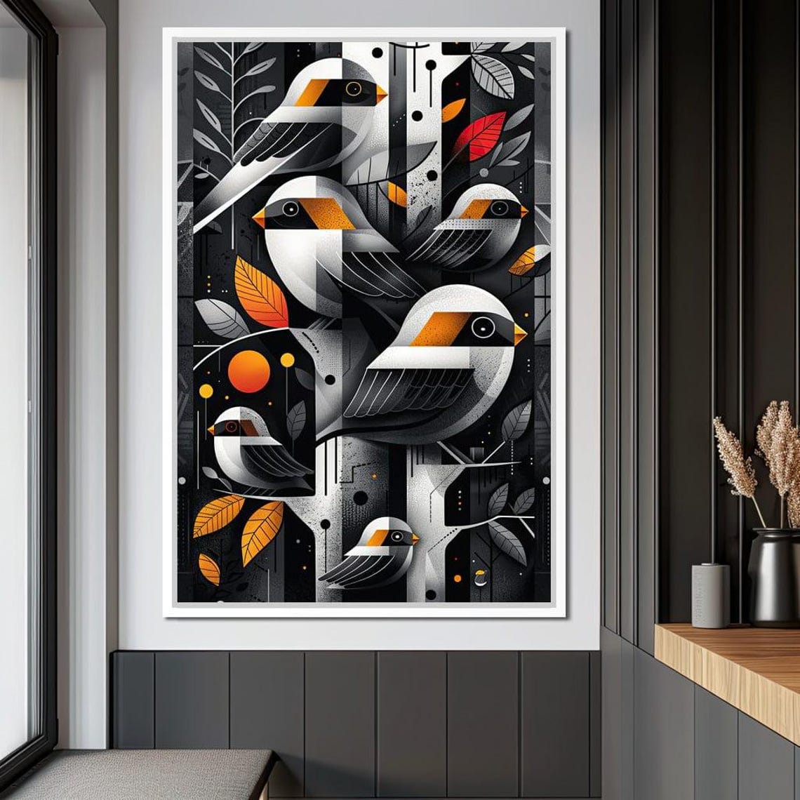 Geometric Songbirds Orange Patches Dark Autumn Night Wall Art - Image 3