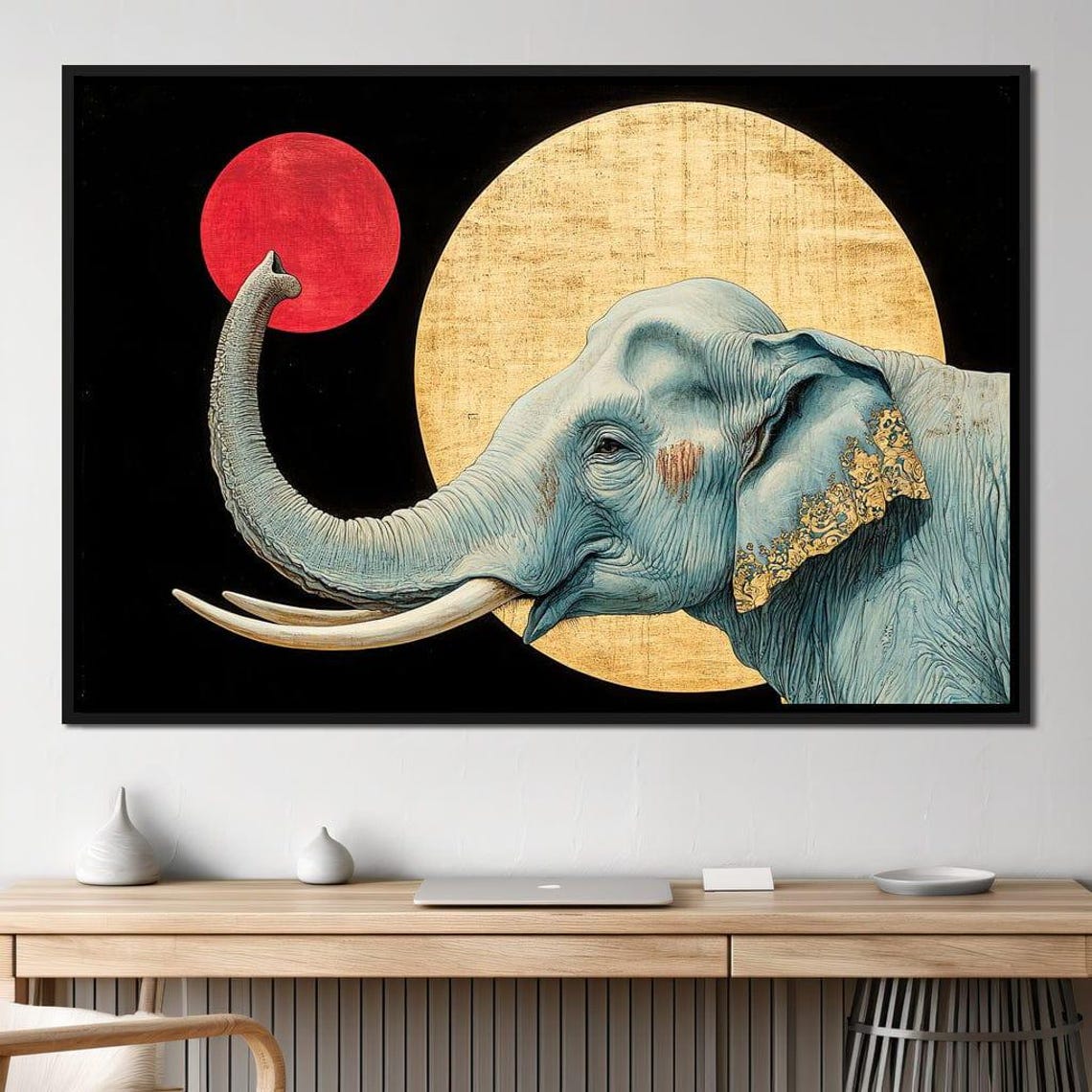 Teal Elephant Raised Trunk Gold Circle Black Modern Wildlife Poster
