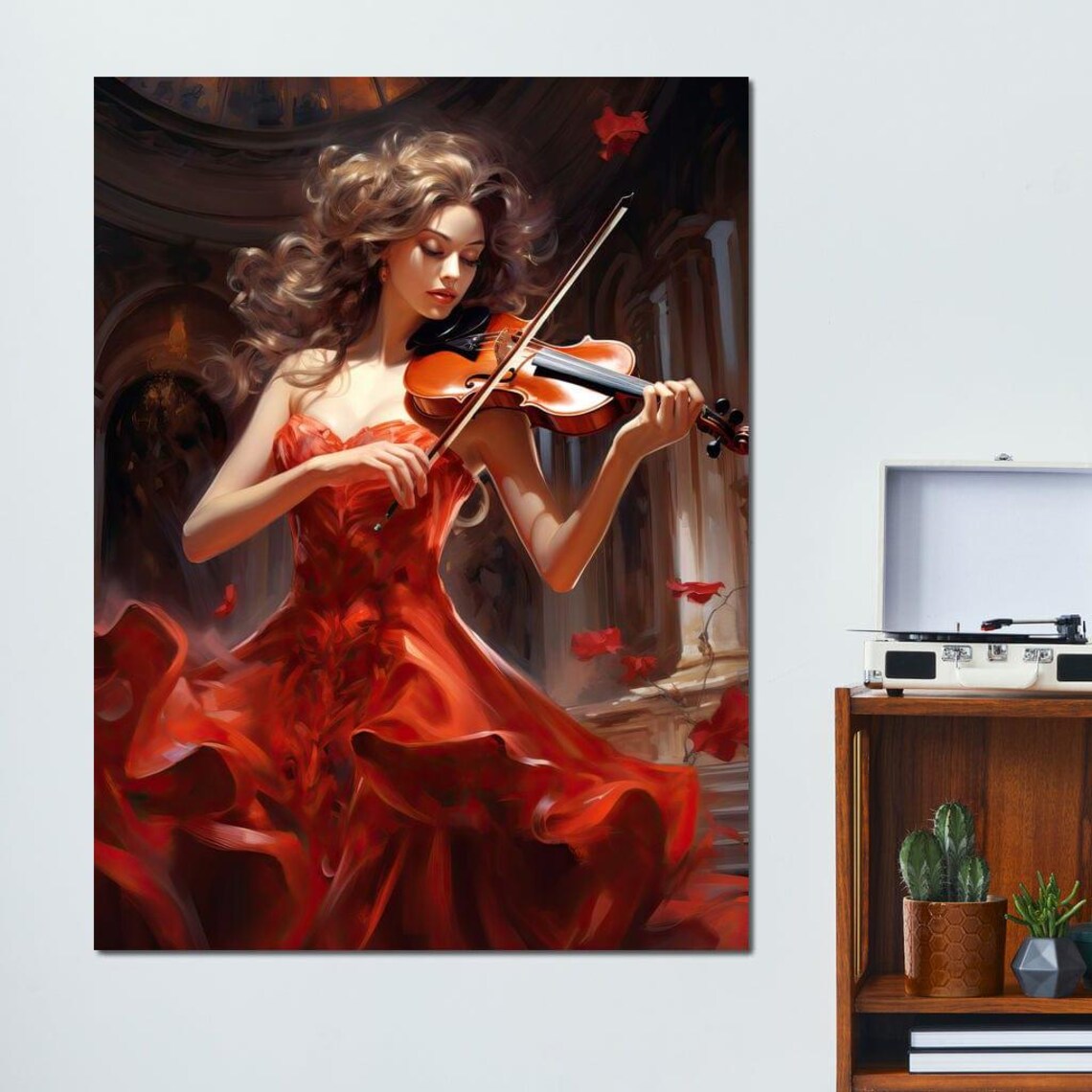 Red Violinist Elegant Woman Playing Violin In Crimson Gown Art Poster - Image 4