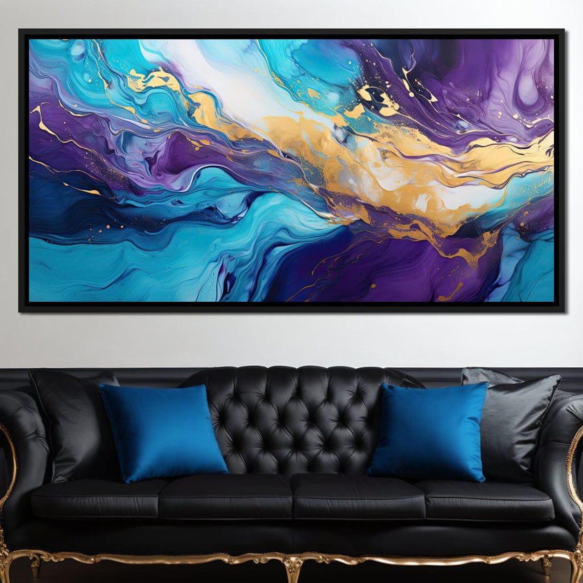 Purple Teal Gold Fluid Abstract 5 Panel Marble Wave Canvas Wall Art - Image 3