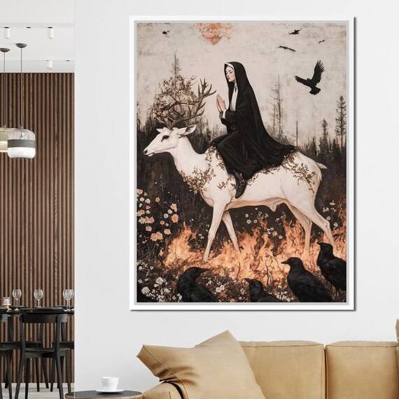 Praying Woman White Stag Fire Ravens Gothic Dark Fantasy Wall Art