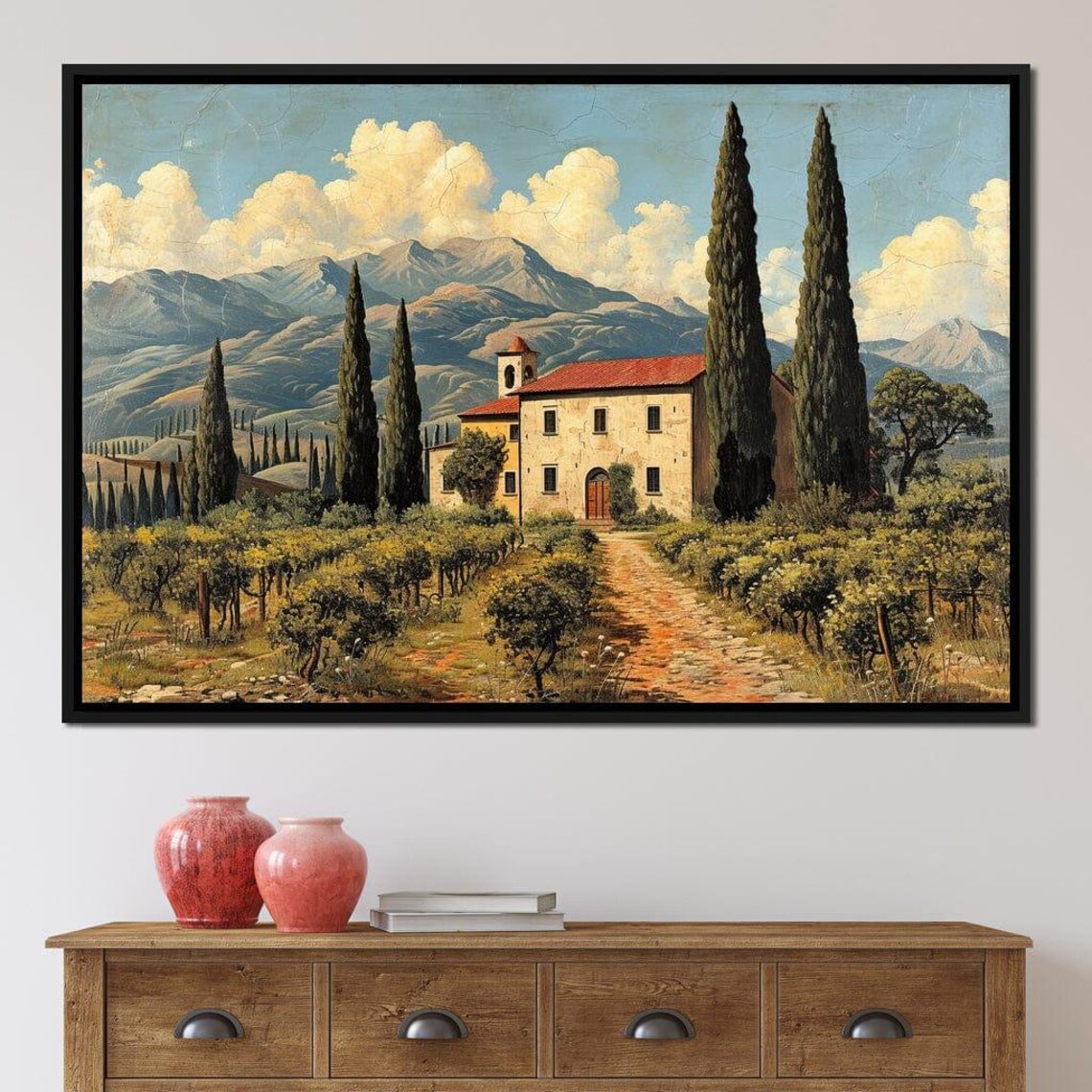Tuscan Farmhouse Vineyard Cypress Trees Dirt Path Mountain View Poster - Image 4