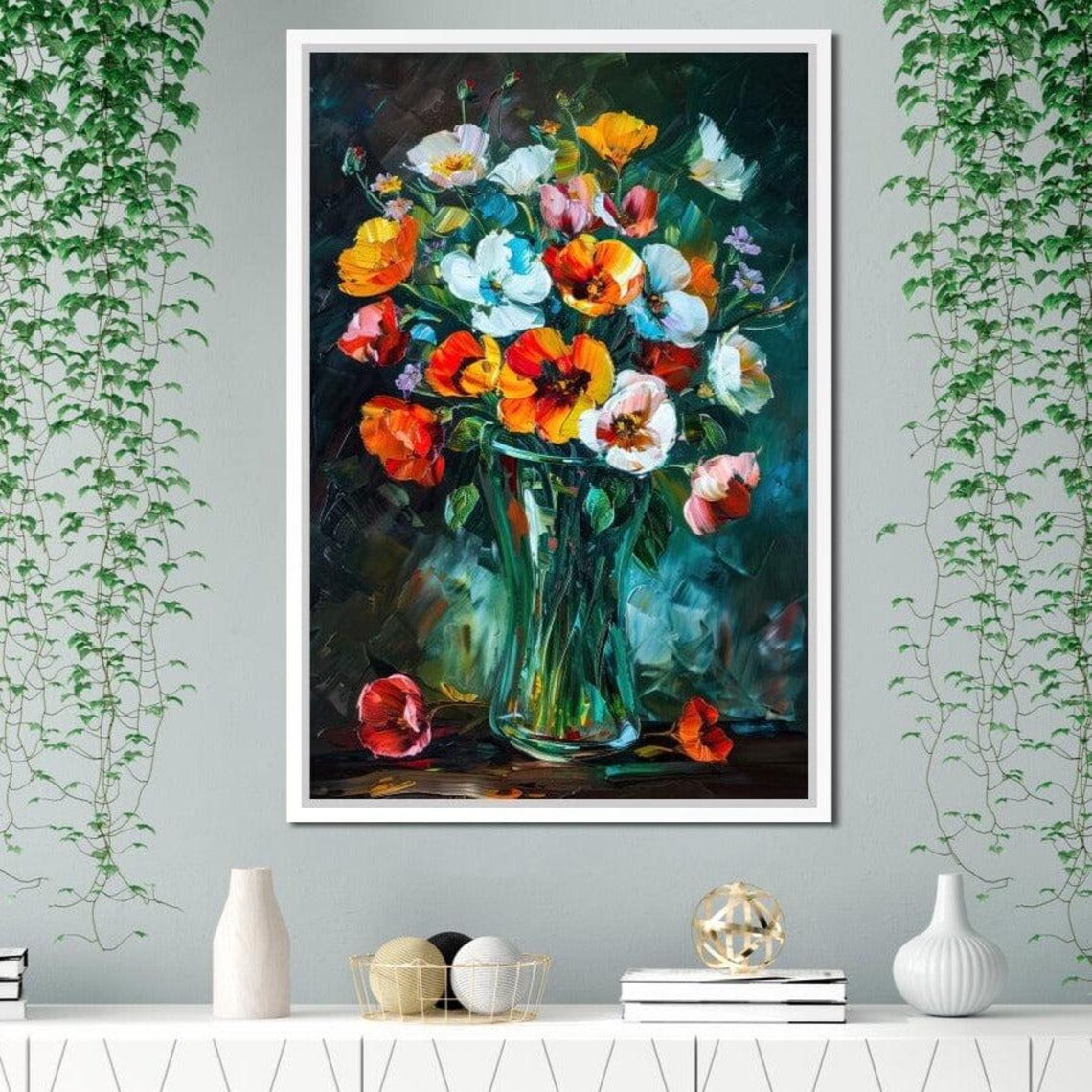 Colorful Impasto Wildflower Bouquet Glass Vase Oil Painting Print - Image 4