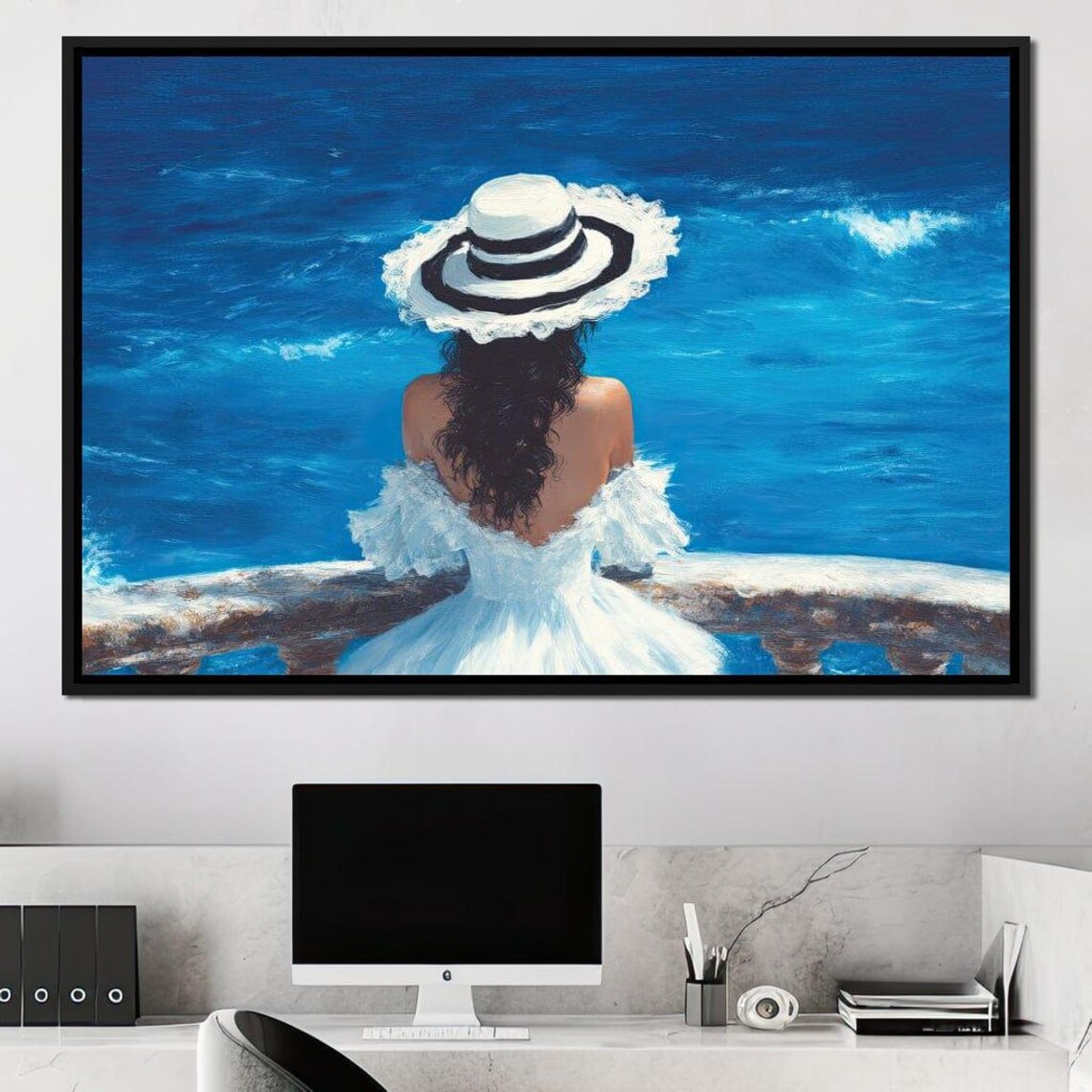 Woman In White Dress Watching Ocean Waves From A Balcony Poster - Image 2