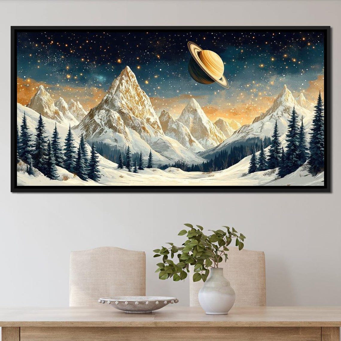 Saturn Over Snow Capped Peaks Home Decor Celestial Landscape Cosmic Mountain Starry Night Art By Nichecanvas - Image 4