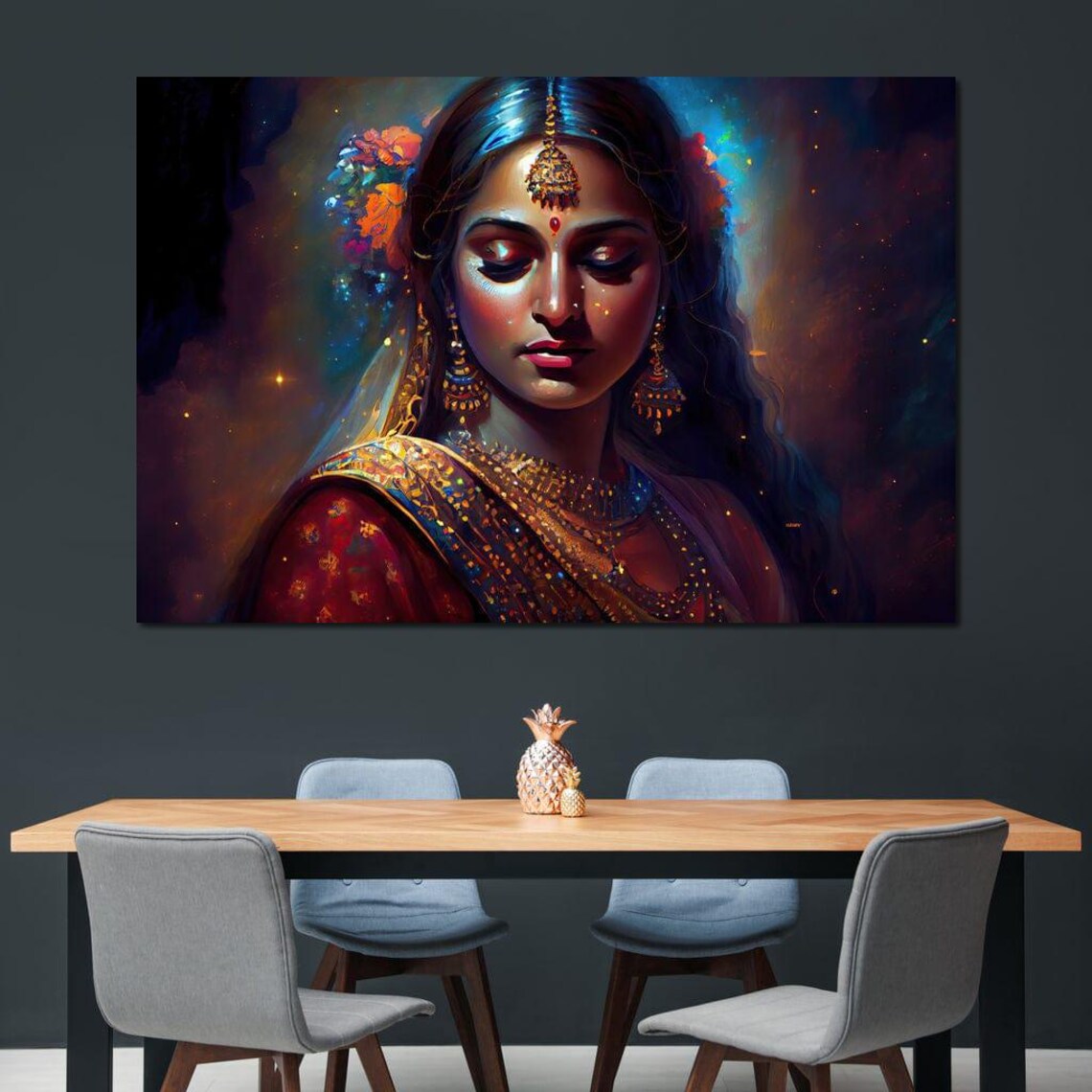 Radha Indian Goddess Glowing Portrait Traditional Sari Art Poster - Image 2
