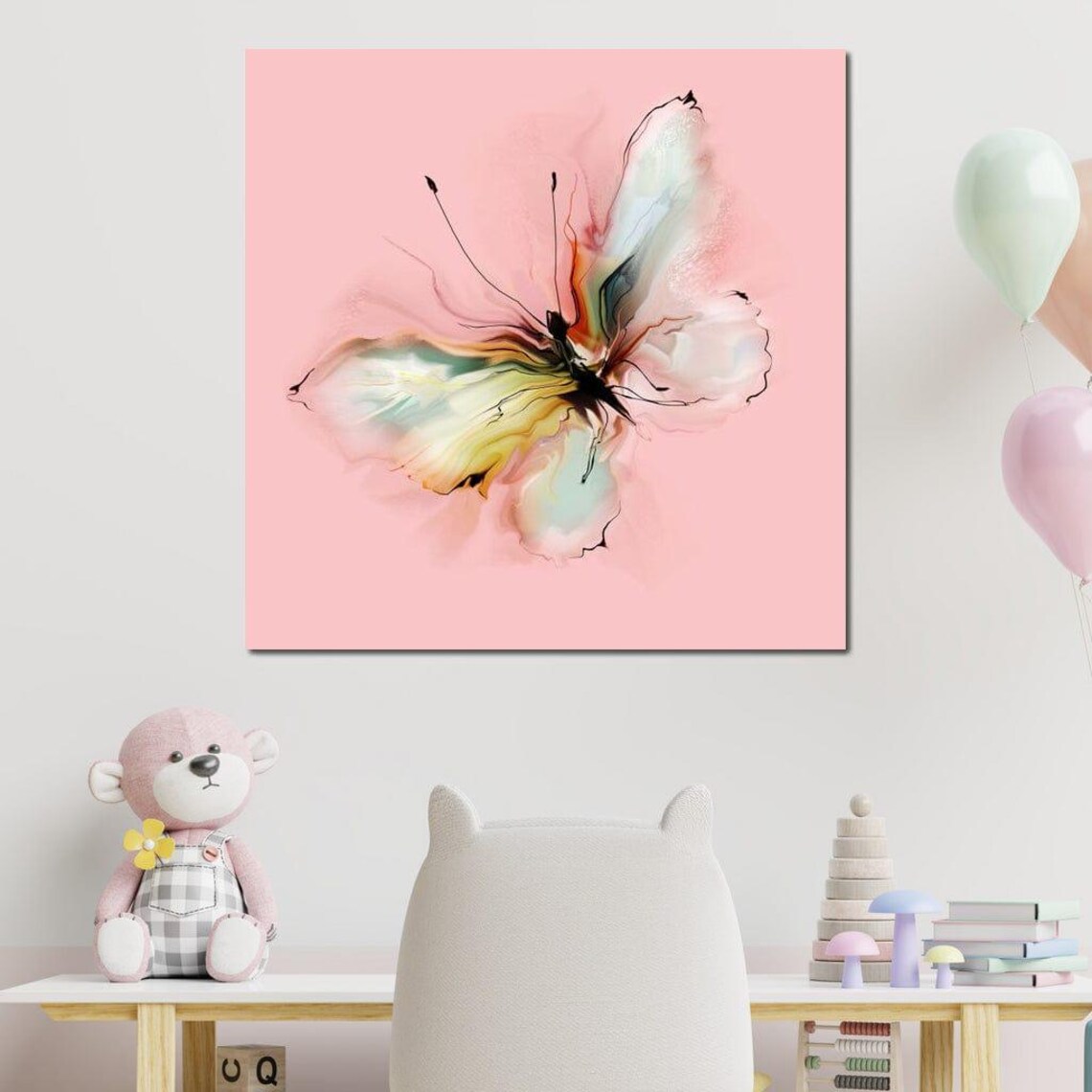 Pastel Watercolor Butterfly Pink Background Nursery Wall Art Print - Image 3