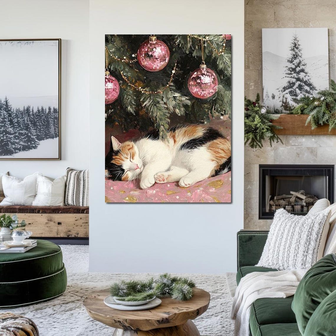 Calico Cat Sleeping Under Christmas Tree With Pink Ornaments Poster - Image 2