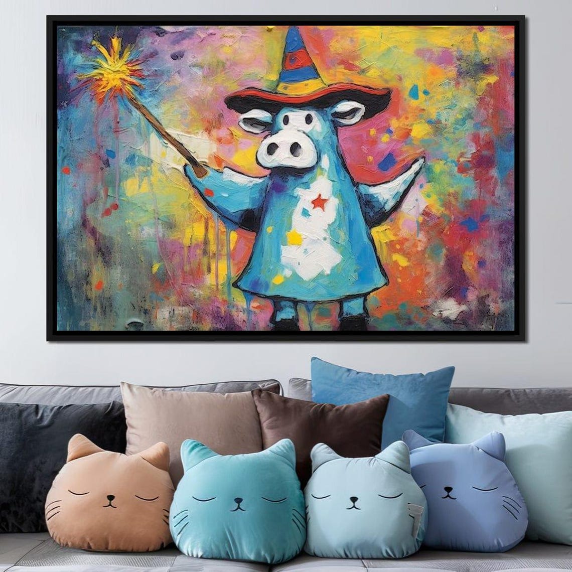 Whimsical Wizard Cow Magic Wand Colorful Fantasy Kids Wall Art - Image 2
