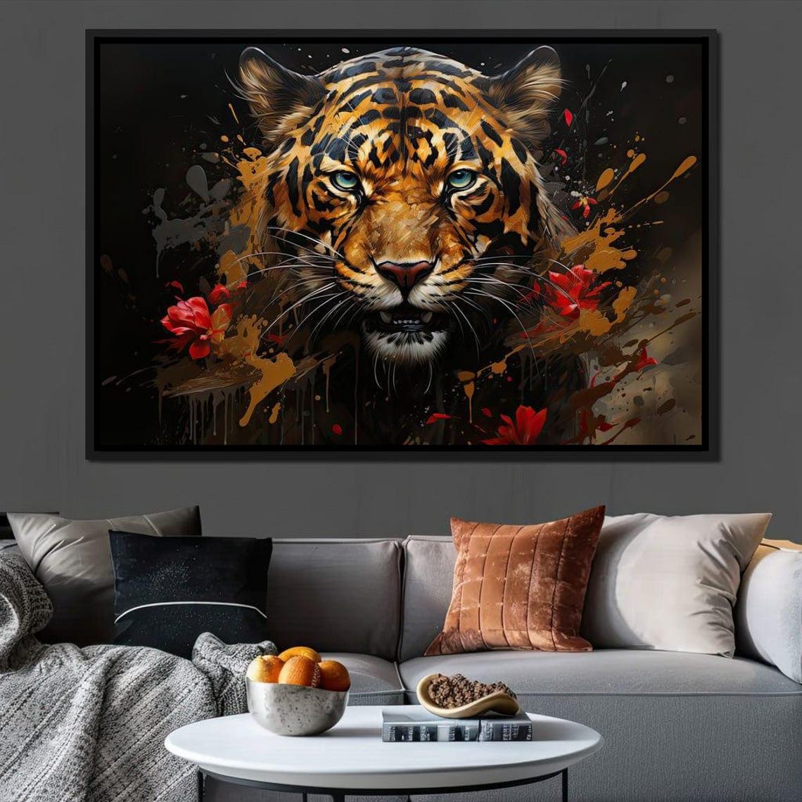 Fierce Tiger Face Paint Splatter Red Flowers Dark Jungle Art Poster - Image 4