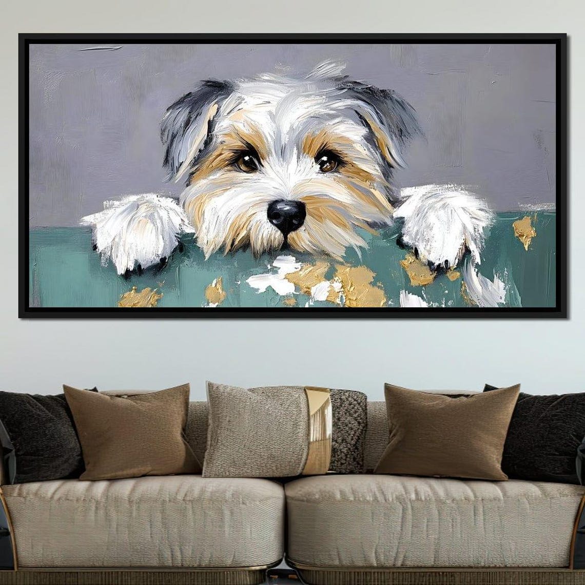 Yorkshire Terrier Puppy Peeking Over a Teal Wall with Gold Poster - Image 2