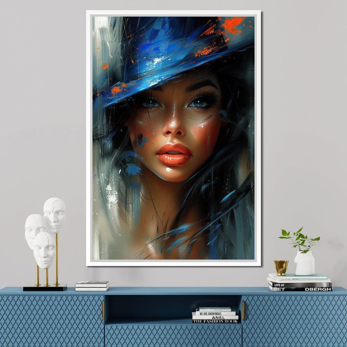 Mystic Blue Hat Beauty Sapphire Eyes Painterly Portrait Wall Art - Image 4