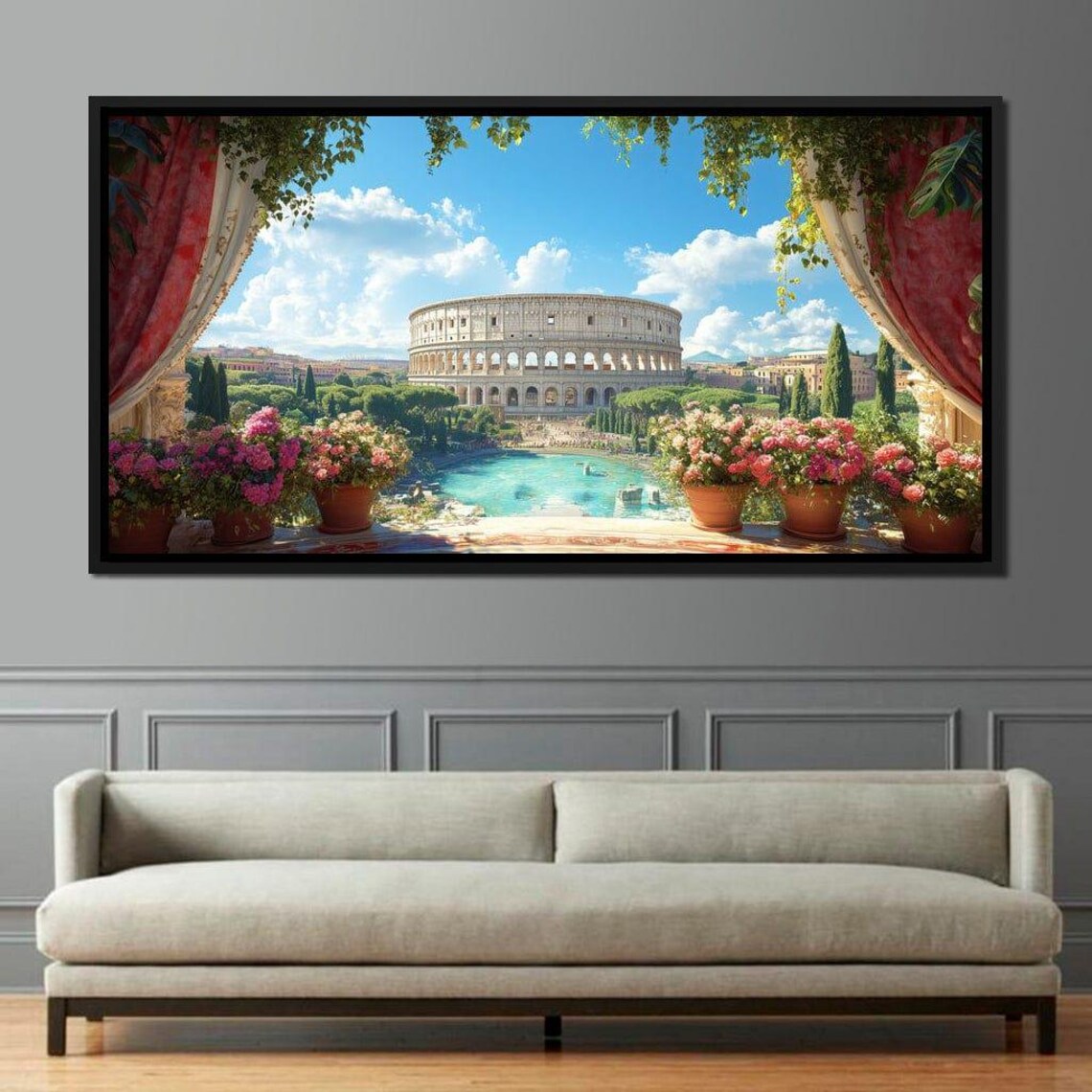 Rome Colosseum Terrace View Red Curtains Floral Veranda Travel Poster - Image 3