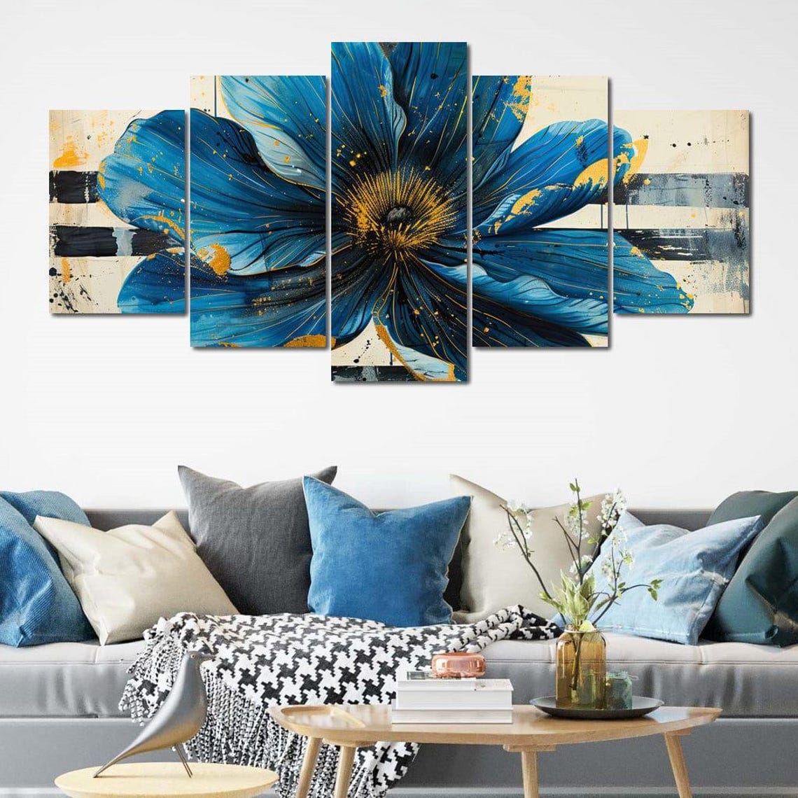 Blue Dahlia Gold Stripe Vintage Botanical Abstract Flower Print - Image 4