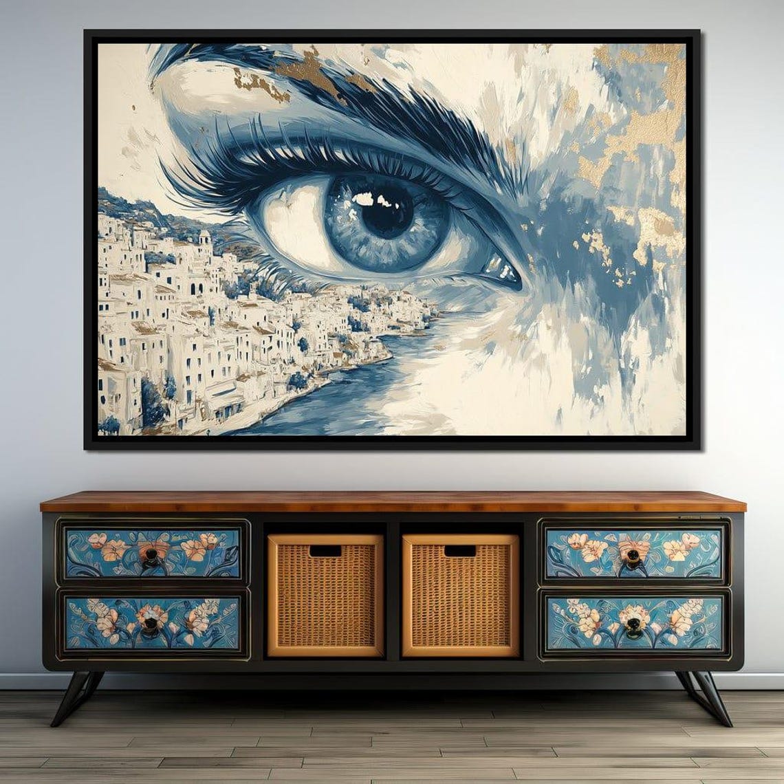 Blue Eye Over Santorini Whitewashed Town Aegean Surreal Wall Art - Image 2
