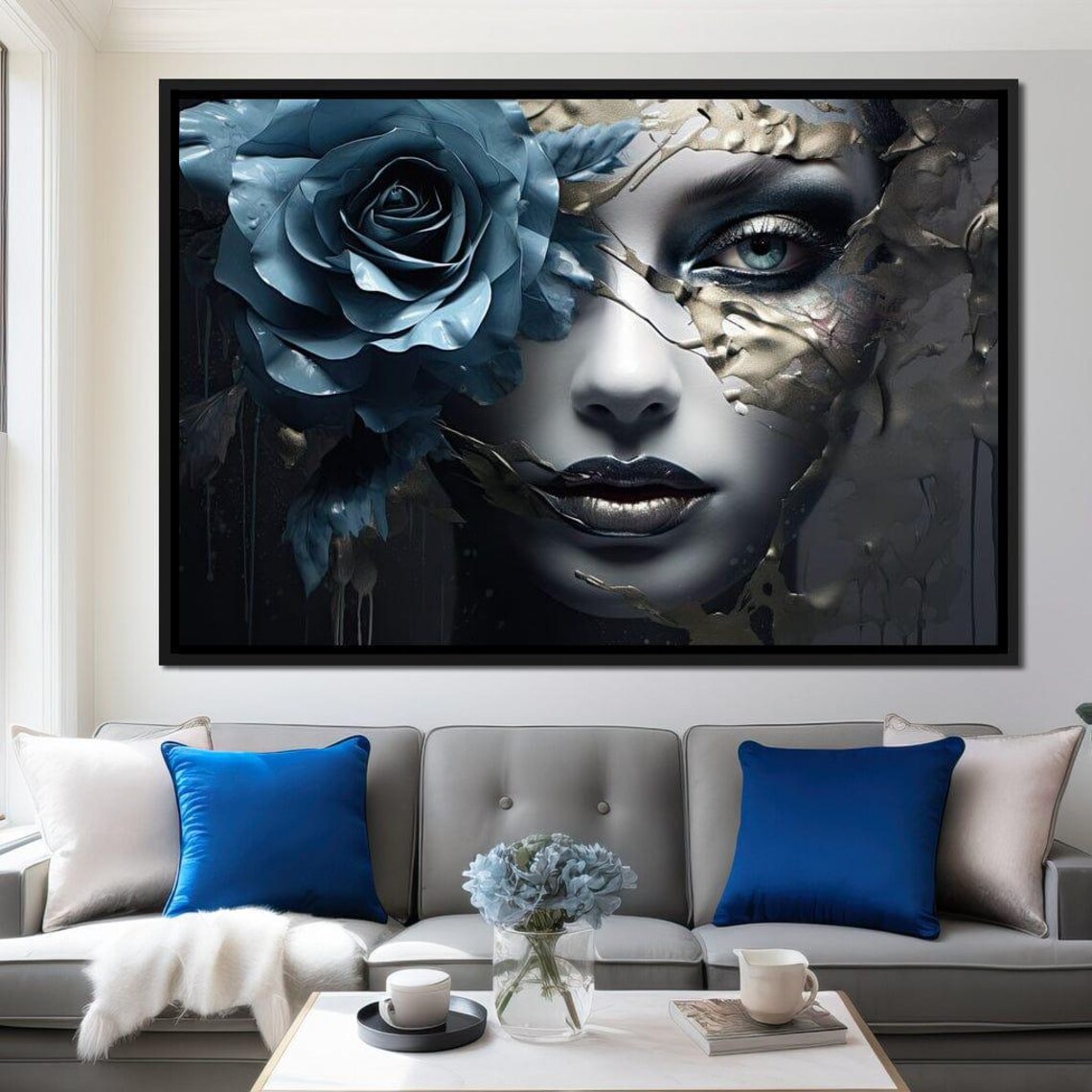 Metallic Blue Rose Gothic Woman Portrait Gold Cracked Art Print - Image 2