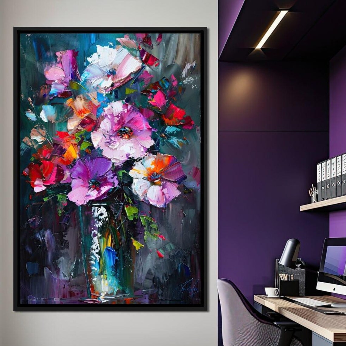 Colorful Bouquet Impasto Vase Flowers Dark Background Wall Art