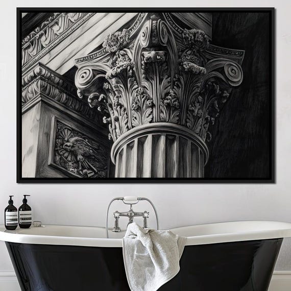 Ornate Classical Column Grandeur Roman Architecture Art Elegant Home Decor Black White Historical Wall Art By Nichecanvas