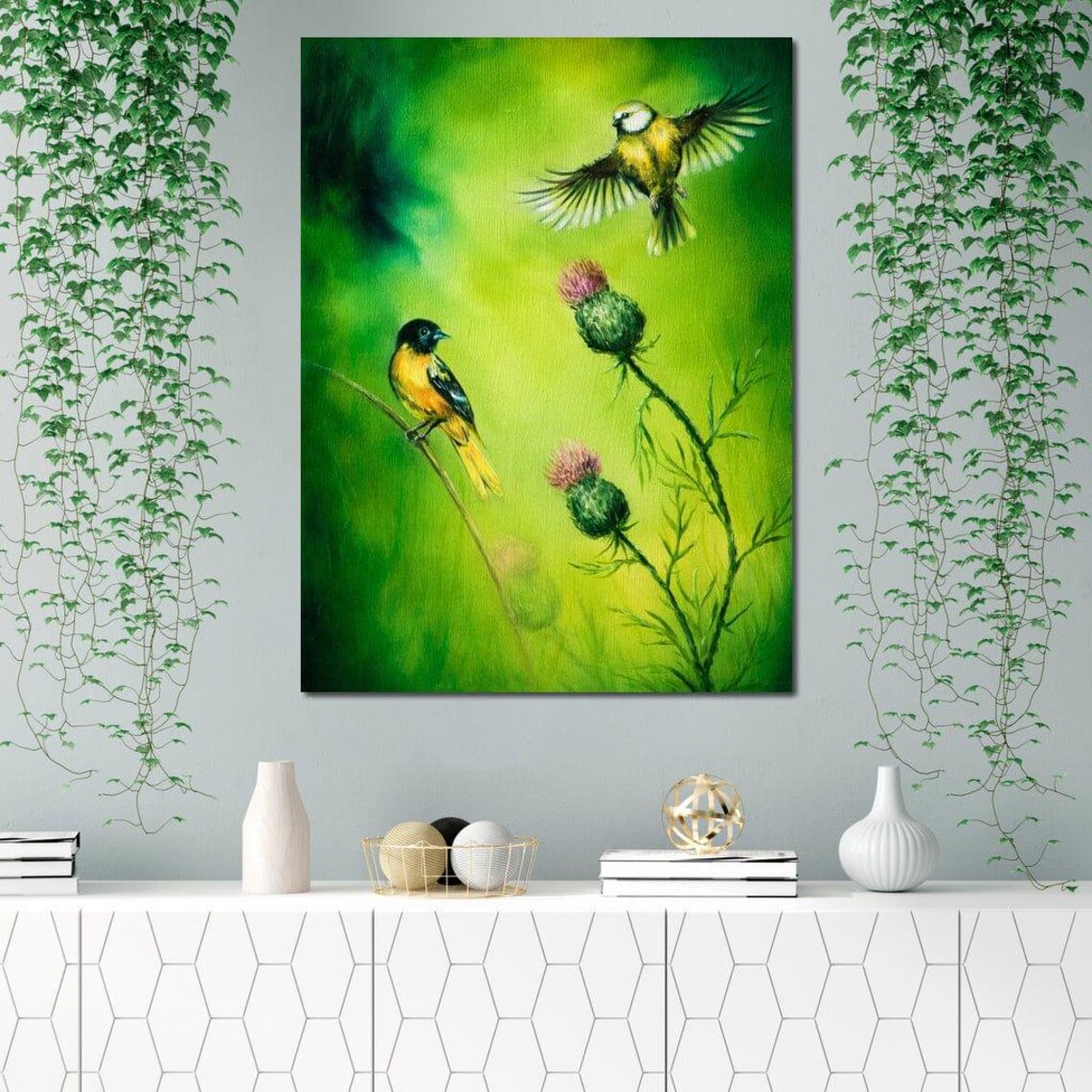 Emerald Songbirds Vibrant Green Nature Pair Of Birds Flying Wall Art - Image 3