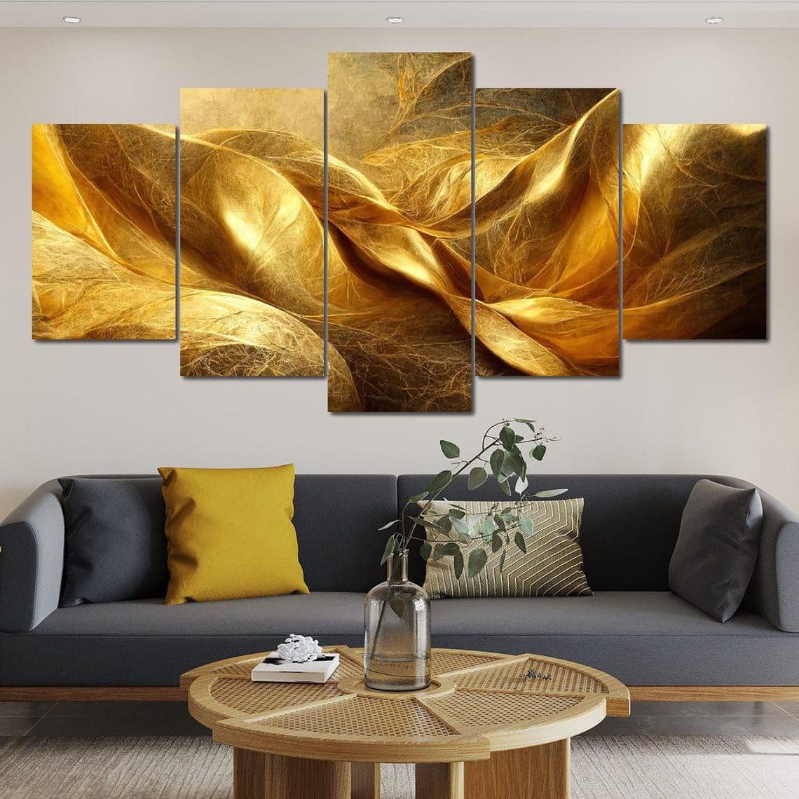 Golden Silk Fabric Waves Five Panel Luxe Abstract Wall Art Poster