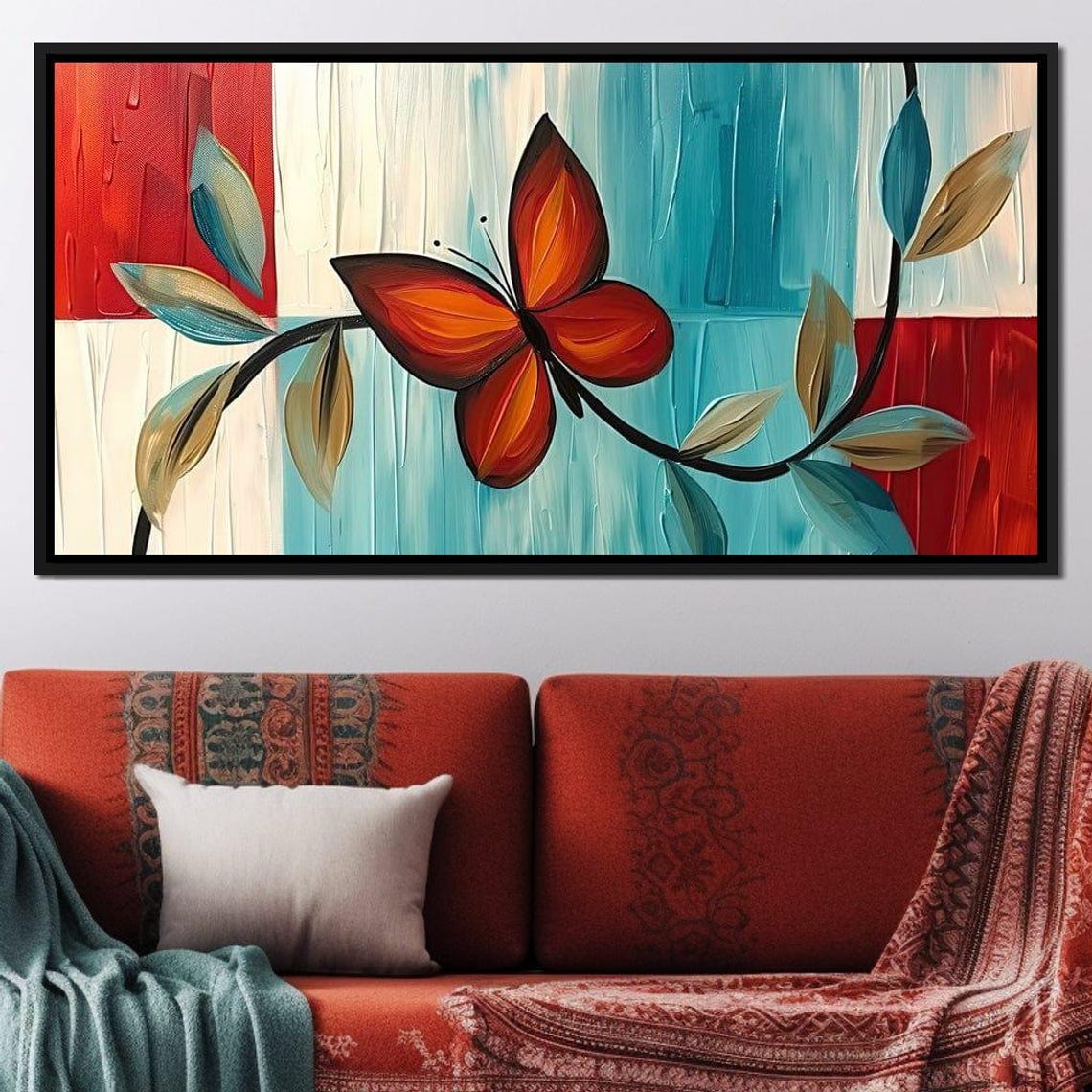 Orange Butterfly Five Panel Canvas Abstract Modern Wall Art Poster - Image 4