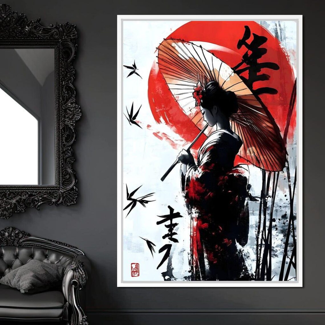 Geisha Red Sun Parasol Ink Wash Japanese Sumi E Painting Art Poster - Image 2