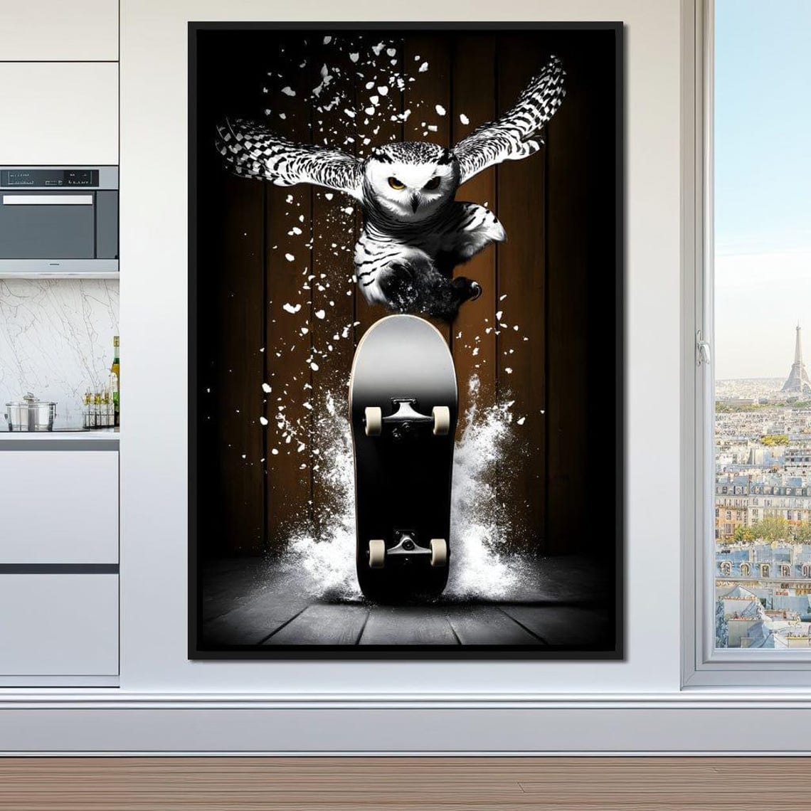 Snowy Owl Bursting Through a Skateboard in a Midair Trick Poster - Image 3