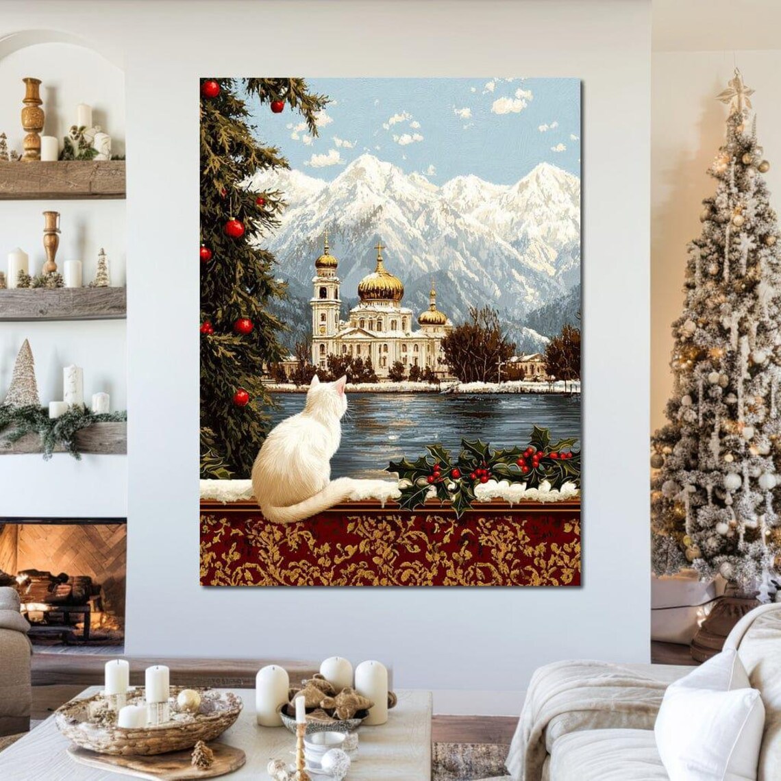 White Cat Gazing At Golden Domed Church By Snowy Lake Winter Poster - Image 2