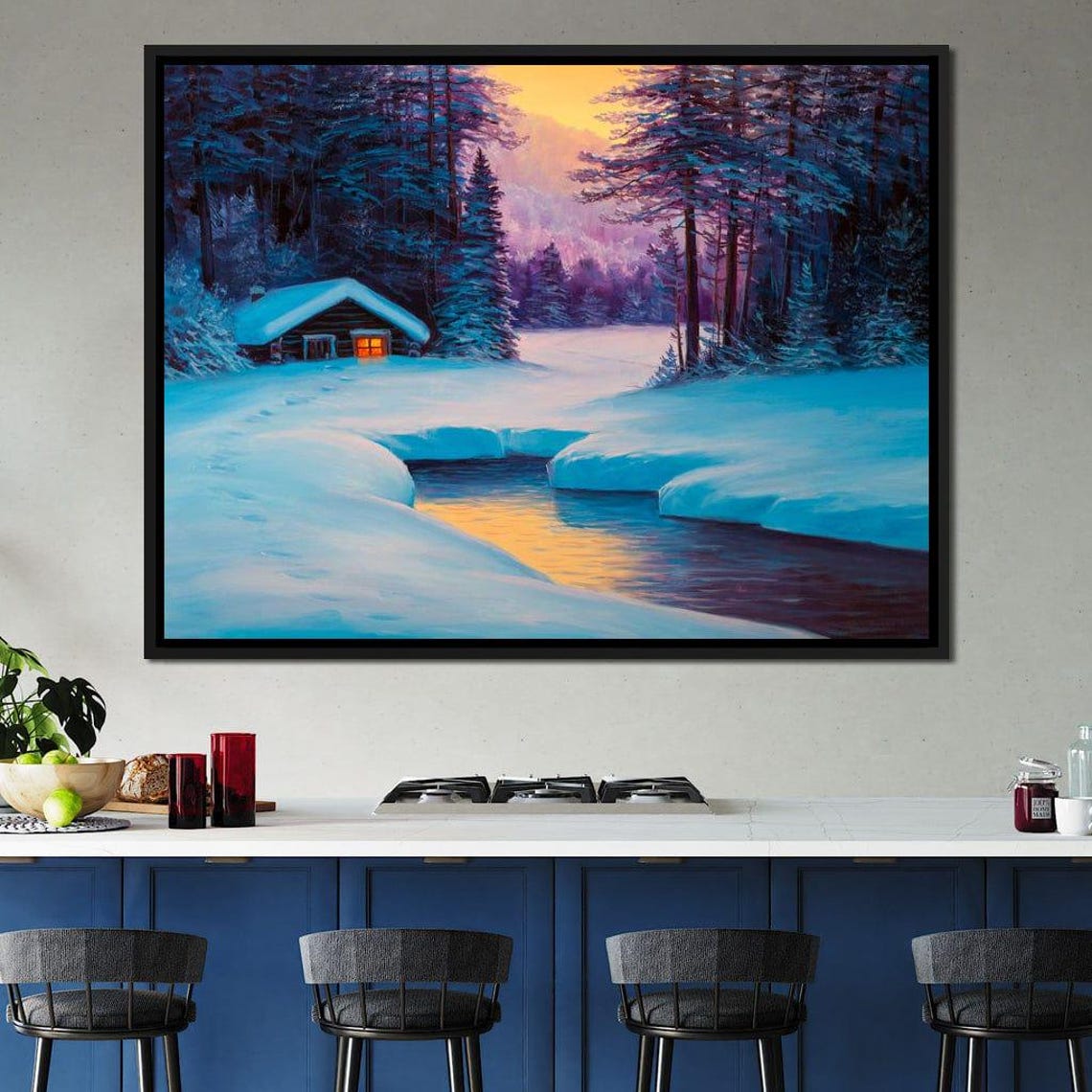 Snowy Cabin Winter Forest River Sunset Cozy Landscape Travel Poster