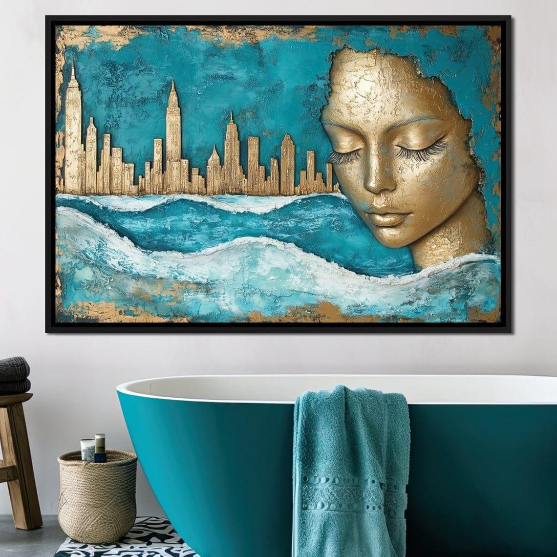 Gold Manhattan Skyline Teal Waves Golden Woman Face Surreal Poster