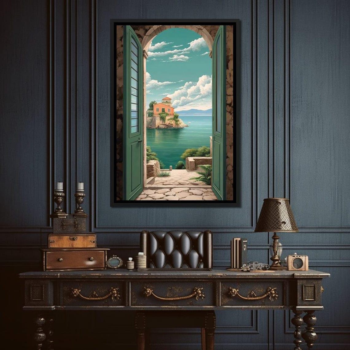 Mediterranean Island House Coastal View Through Arched Door Poster - Image 3