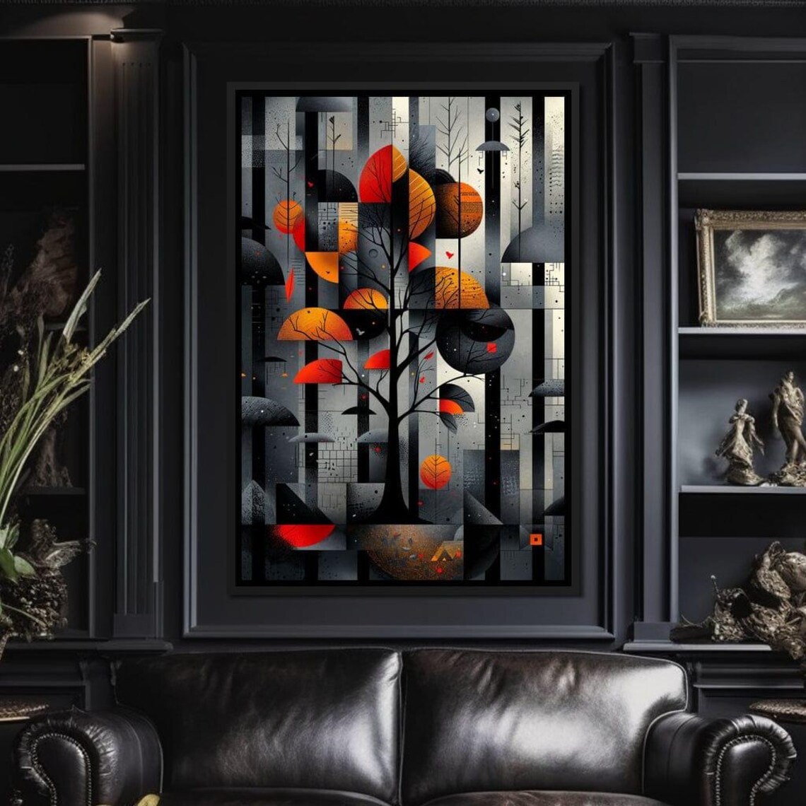 Geometric Dance Of Autumn Leaves Red Gold Tree Modern Poster - Image 3
