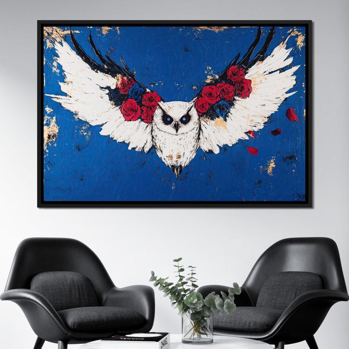 White Owl With Spread Wings Red Roses Cobalt Blue Wildlife Poster - Image 2